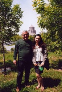 Armenia tree 2 ATP continues to beautify the country after 15 years. Checking out the greenery at St. Trinity Church in Yerevan are Bella Avetisyan, the public relations volunteer coordinator, and Navasard Dadyan, the community tree planting monitor. (Photo by Tom Vartabedian)