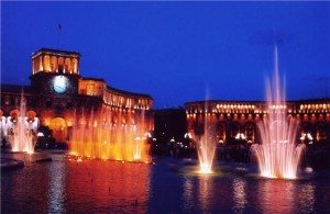Dancing fountains provide free entertainment in Republic Square.