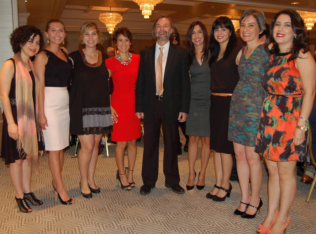 Prof. Cowe flanked by a group of present and former Armenology students. (L-R) Narine Jallatyan, Ceyda Tinmaz, Shushan Karapetian, Rosie Aroush, Talar Chahinian, Lilit Keshishian, Myrna Douzjian, and Sona Tajiryan. (Photo by Yerevan Studio)