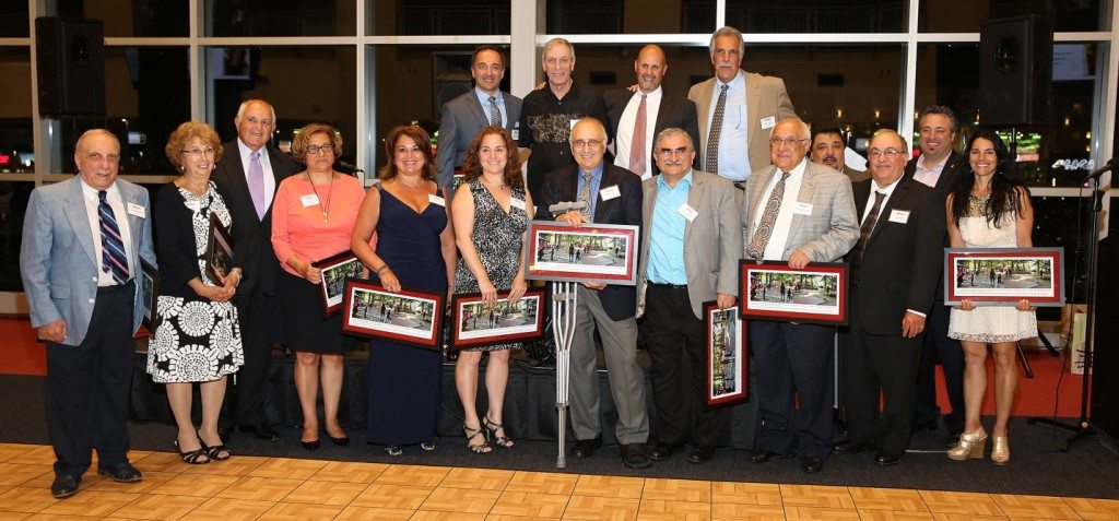 Summer directors honored at the Camp Haiastan Gala-Tribute. From left to right (top row), David Hamparian, Bob Avakian, Michael Guzelian, and Peter Jelalian. From left to right (bottom row): Armen Manuelian, Lucy (Oulohojian) Almasian, Harry Kushigian, Muriel Parseghian, Margo Dinkjian, Nevart Mikaelian, Mesrob Odian, Mossik Hacobian, Michael Mirakian, Mark Alashaian, Bob Gigarjian, Hagop Soulakian, and Lisa Donabedian-Tafel. (Photo credit: Garo Lachinian)