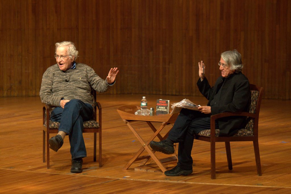 A scene from the discussion between Chomsky and Barsamian (Photo by Aaron Spagnolo)